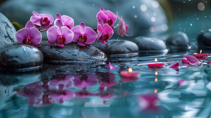 Image of beautiful pink orchids floating in the water. The water is calm and quiet. And the flowers are the focal point of the scene. A place to maintain peace.