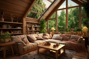 living room with furniture. Cozy interior of a country house in a wooden design. Spacious living room with kitchen area with large windows and sun light.