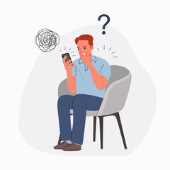 Young man sitting on the chair with smartphone. Doldrums concept. Vector flat style cartoon illustration