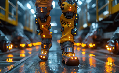 Robot Walking on Conveyor Belt - obrazy, fototapety, plakaty
