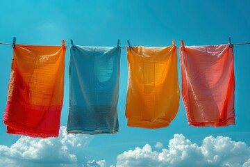 Four towels hanging on a clothesline, one of which is yellow - obrazy, fototapety, plakaty