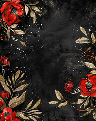Watercolor Black Gold Red Floral Background with Copy Space