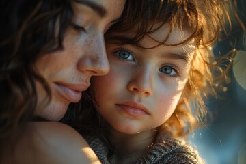 Obraz premium Tender close-up showcasing a mother's affectionate embrace with her young child, highlighting their deep bond