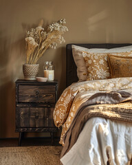luxury bedroom, accent bedside cabinet in brown and ochra colors - 780637190