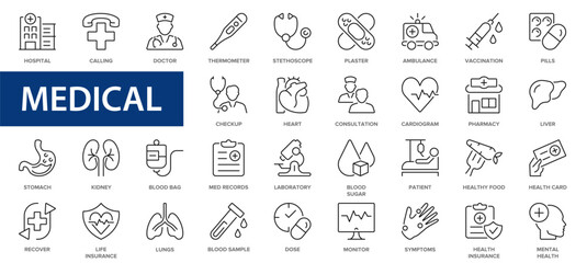 Medical line icon set. Medicine and health care outline icons set. Medical symbols collection.