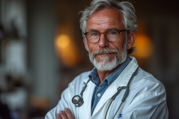 A professional looking elder male doctor with glasses and stethoscope poses confidently