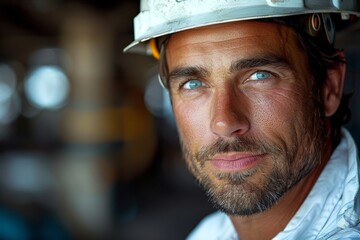 A rugged construction worker with intense blue eyes shows focus and determination, wearing a hard hat at a job site