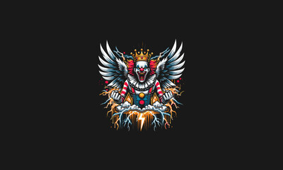 clown angry wearing crown with wings flames lightning vector design