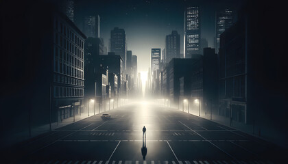 Solitary figure standing at a crosswalk in a misty, illuminated city at night.