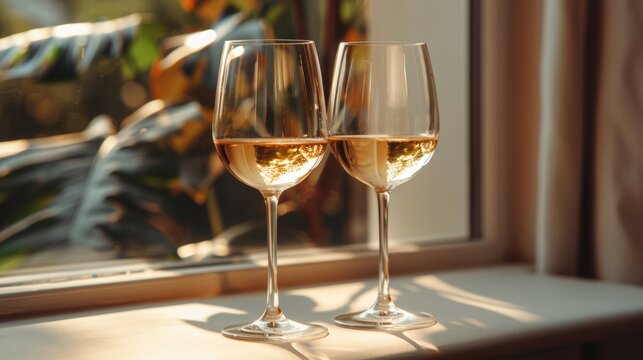 An image of a pair of wine glasses with different kinds of dry white wine on a dark grey concrete background