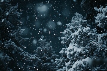 A close-up of snow-covered trees in a dark, snowy forest during the night