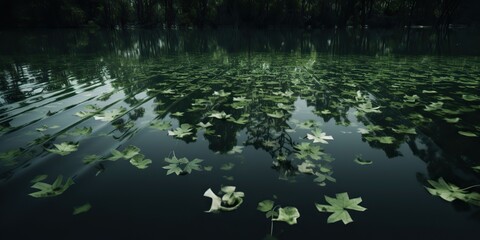 Green leaves on pond river lake landscaoe background view