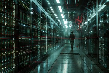 A man strolls in a dark server room in the citys data center - obrazy, fototapety, plakaty
