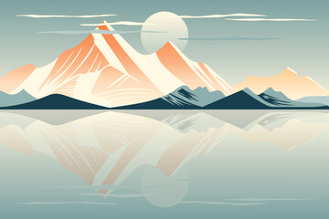 Minimalistic mountain lake at dawn, morning light and sun, vector illustration
