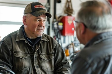 A mechanic is explaining a diagnosis to a customer in a garage setting