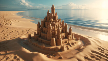 Sand castle with towers, windows and moat; An inviting atmosphere is created with a sandy beach and sunlight stretching into the distance, with gentle waves crashing on the shore and clear blue skies. - obrazy, fototapety, plakaty