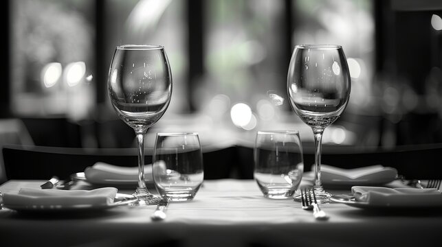 Black and white photo of empty glasses in a restaurant
