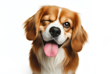 Dog winking and sticking out tongue isolated on white background - obrazy, fototapety, plakaty