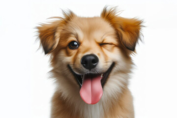 Dog winking and sticking out tongue isolated on white background - obrazy, fototapety, plakaty