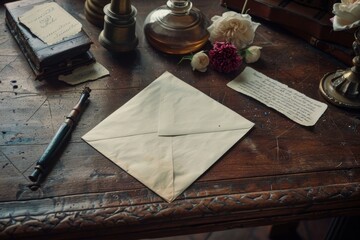 A piece of paper and a pen resting on a vintage writing desk in a commercial photography setting