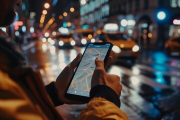 A man is seen holding a smartphone, possibly booking a taxi ride using a mobile app on the device - obrazy, fototapety, plakaty