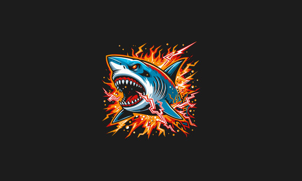 shark angry with flames lightning vector design