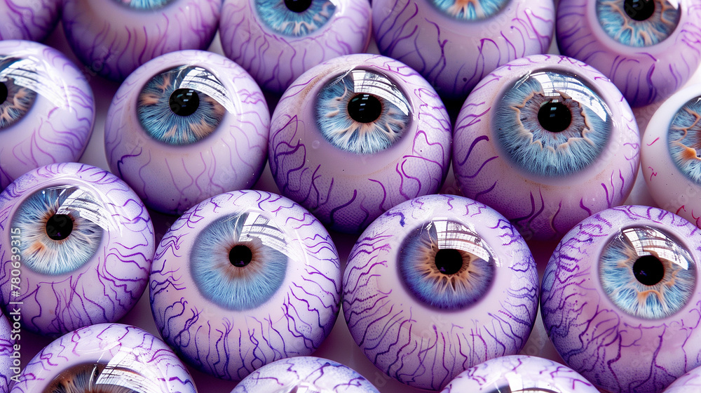 Wall mural a dozen purple veiny eyeballs looking straight up.