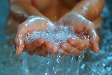 Detailed close-up of hands holding water forming bubbles against a blue backdrop - obrazy, fototapety, plakaty