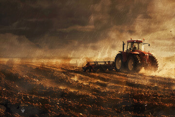 Red Tractor Tilling the Field as a Rainstorm Pours, Uniting Power of Nature and Machine - obrazy, fototapety, plakaty
