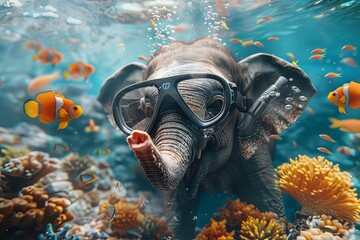 An elephant wearing scuba gear, exploring an underwater coral reef and admiring colorful fish - 780639333