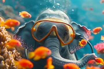 An elephant wearing scuba gear, exploring an underwater coral reef and admiring colorful fish - 780639334