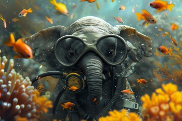 An elephant wearing scuba gear, exploring an underwater coral reef and admiring colorful fish - 780639341