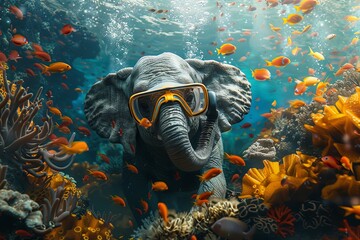 An elephant wearing scuba gear, exploring an underwater coral reef and admiring colorful fish - 780639344
