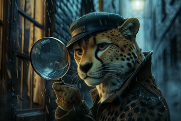 A cheetah dressed as a detective, investigating a mystery in a noir-style alleyway with a magnifying glass - 780639349