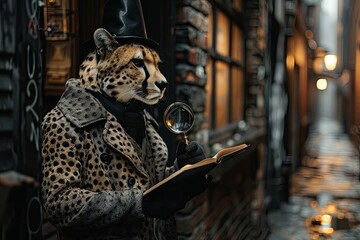 A cheetah dressed as a detective, investigating a mystery in a noir-style alleyway with a magnifying glass - 780639351
