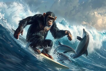 A chimpanzee surfing on a giant wave alongside dolphins - 780639352