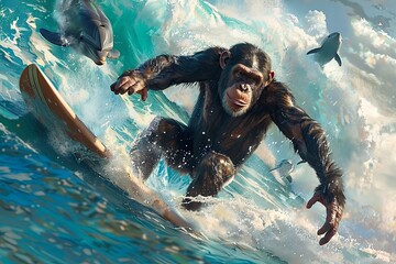 A chimpanzee surfing on a giant wave alongside dolphins - 780639355