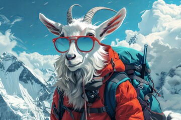 daring goat with backpack and wearing mountain clothes and gear climbing everest mountain - obrazy, fototapety, plakaty