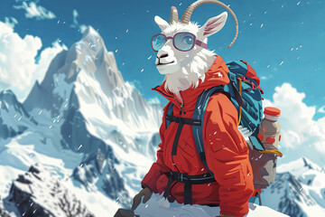 daring goat with backpack and wearing mountain clothes and gear climbing everest mountain - 780639357