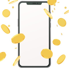 Golden coins falling around realistic smartphone illustration