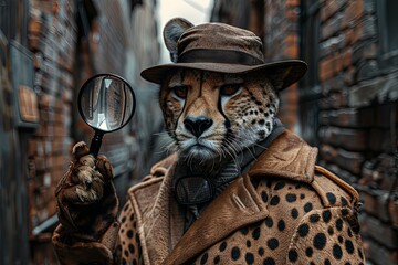 A cheetah dressed as a detective, investigating a mystery in a noir-style alleyway with a magnifying glass - 780639366