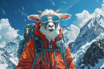 daring goat with backpack and wearing mountain clothes and gear climbing everest mountain - 780639368