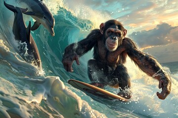 A chimpanzee surfing on a giant wave alongside dolphins - 780639369