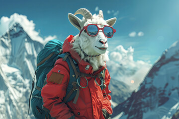 daring goat with backpack and wearing mountain clothes and gear climbing everest mountain - 780639371