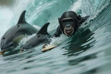 A chimpanzee surfing on a giant wave alongside dolphins - 780639372