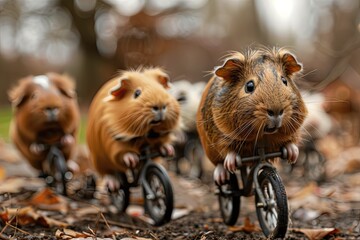 A group of guinea pigs riding miniature bicycles through an obstacle course in the backyard, competing for the title of fastest furry racer - 780639376