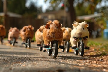 A group of guinea pigs riding miniature bicycles through an obstacle course in the backyard, competing for the title of fastest furry racer - 780639378