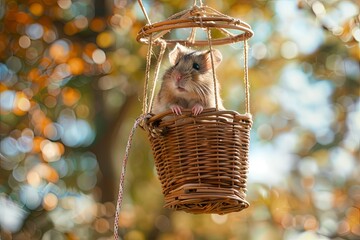 hamster piloting a tiny hot air balloon made from a balloon and a wicker basket, exploring the skies above the backyard - 780639380