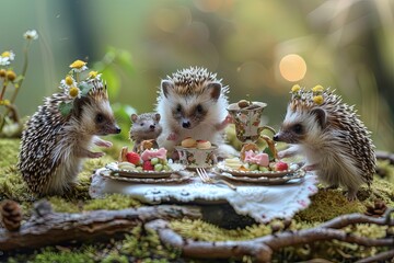 family of hedgehogs hosting a fancy dinner party in their burrow, complete with tiny bowties and elegant table settings. - 780639381