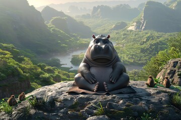 hippo practicing yoga on a mountaintop, surrounded by serene landscapes and meditating monkeys - 780639386